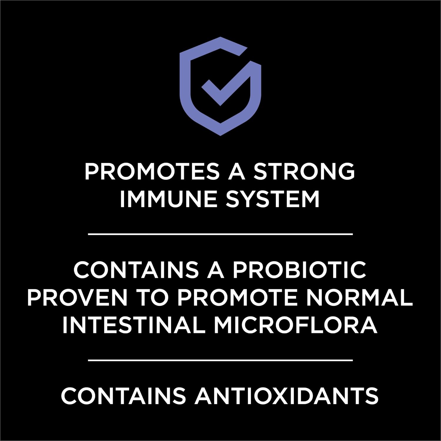 Graphic with text highlighting support for a strong immune system, probiotics for intestinal health, and antioxidants benefits