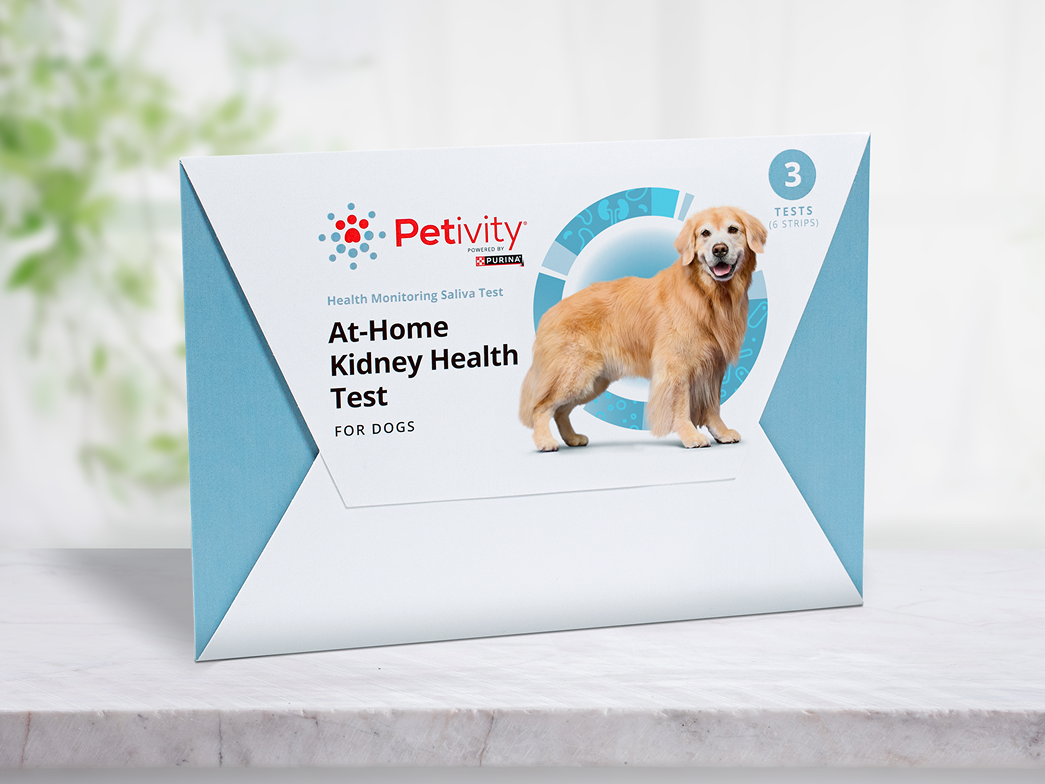 Petivity At-Home Kidney Health Test kit for dogs featuring a golden retriever and three test strips on packaging.