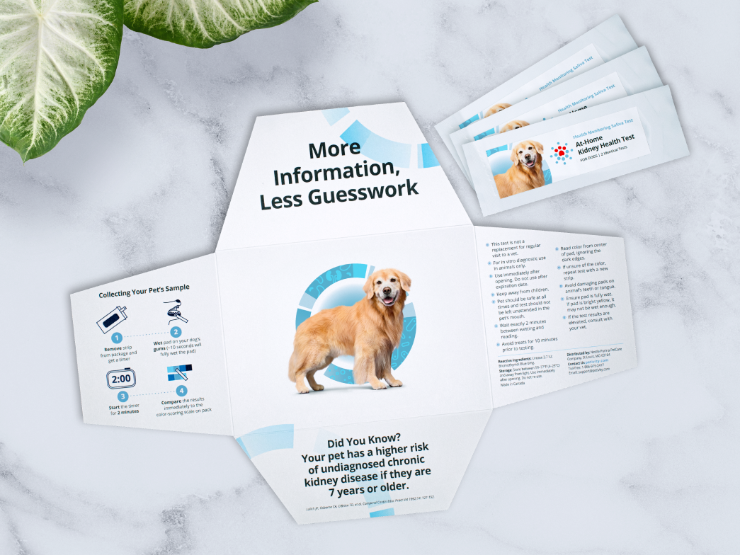 Petivity At-Home Kidney Health Test kit for dogs with instructions and test strips on a marble surface.