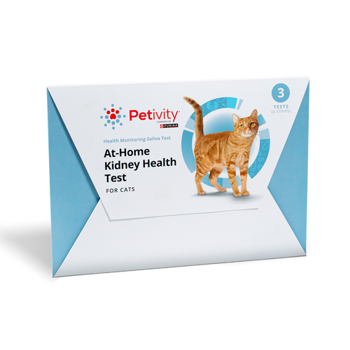 Petivity At-Home Kidney Health Test for Cats with 3 Tests – Light blue and white envelope-style package with an image of an orange tabby cat.
