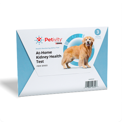 Petivity At-Home Kidney Health Test for Dogs with 3 Tests – Light blue and white envelope-style package with an image of a golden retriever.