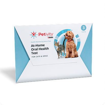 Petivity At-Home Oral Health Test for Dogs & Cats with 3 Tests – Light blue and white envelope-style package with an image of a cat and a curly-haired brown dog.