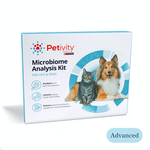 Petivity Microbiome Analysis Kit for Dogs & Cats - Advanced Pack – Product box featuring a cat and a dog on the front, with icons indicating analysis of the pet’s microbiome, unlocking gut health information, and delivering tailored nutrition recommendations.