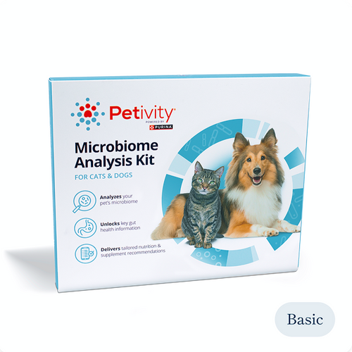 Petivity Microbiome Analysis Kit for Dogs & Cats - Basic Pack – Product box featuring a cat and a dog on the front, with icons indicating analysis of the pet’s microbiome, unlocking gut health information, and delivering tailored nutrition recommendations.
