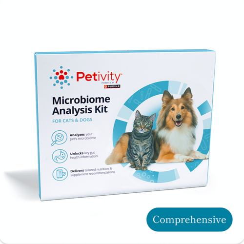Petivity Microbiome Analysis Kit for Dogs & Cats - Comprehensive Pack – Product box featuring a cat and a dog on the front, with icons indicating analysis of the pet’s microbiome, unlocking gut health information, and delivering tailored nutrition recommendations.