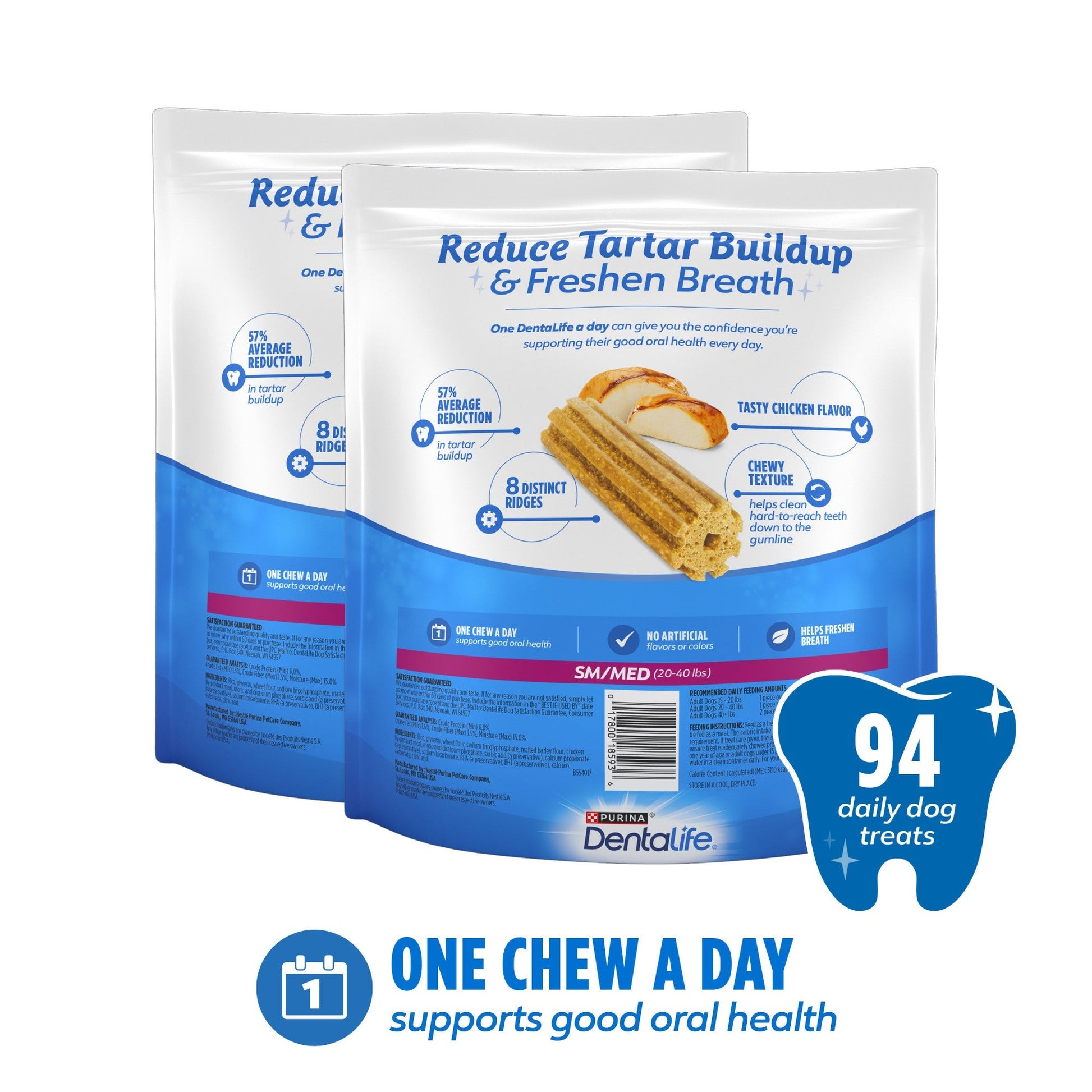 Purina Dentalife Daily oral care chicken flavor dog chews reduce tartar buildup and freshen breath with one chew a day for small to medium dogs