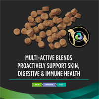 Brown round canine supplement tablets with text about multi-active blends supporting skin, digestive, and immune health for dogs