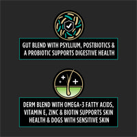 Graphic showing gut blend with psyllium and probiotics for digestion and derm blend with omega-3, vitamin E, zinc, and biotin for skin health