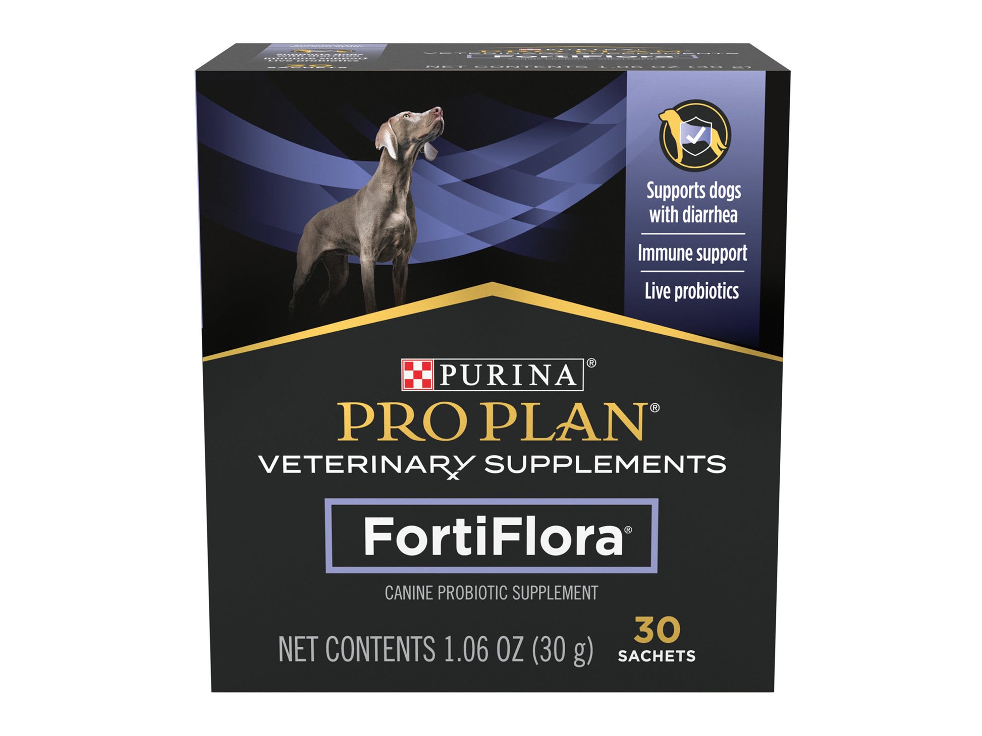 Purina Pro Plan FortiFlora dog probiotic supplement box with 30 sachets for digestive and immune health support