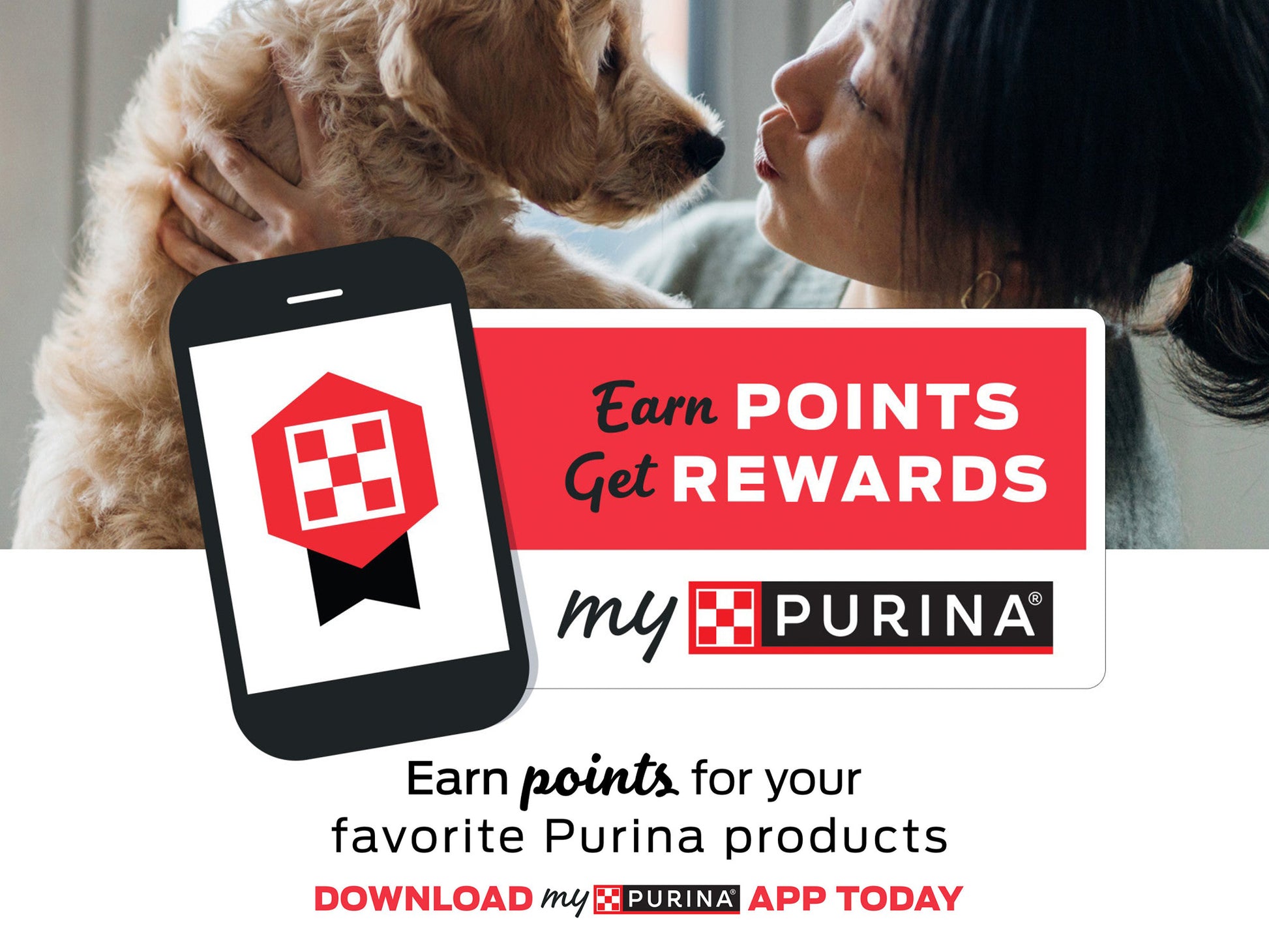 Woman holding a golden retriever puppy with a my Purina app promotion for earning points and rewards on dog products