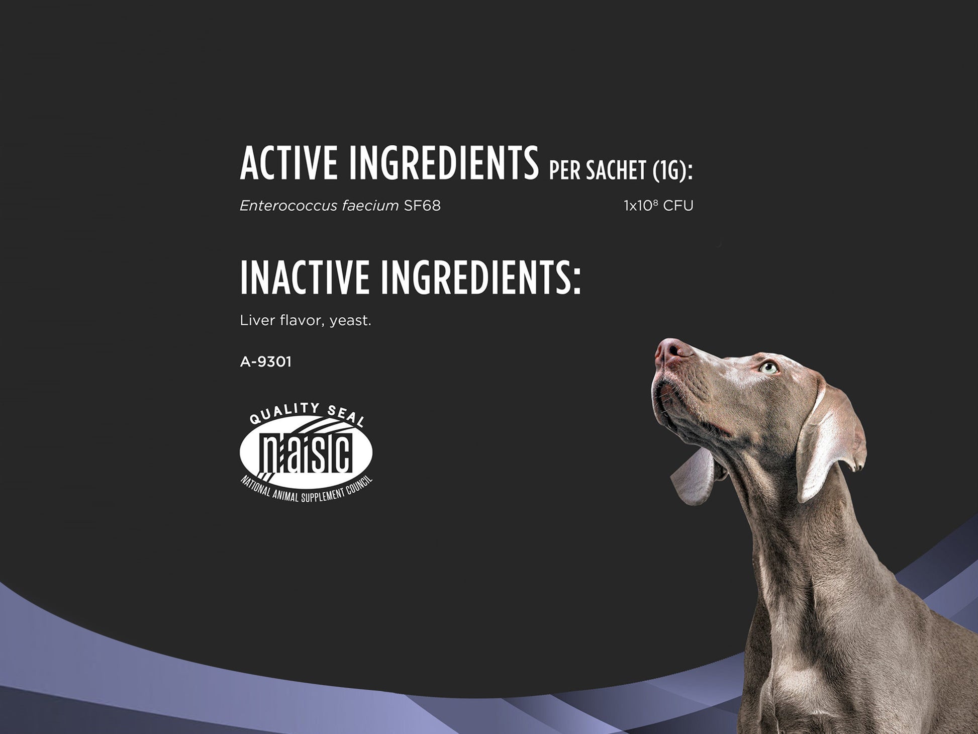 Active and inactive ingredients listed with a dog looking upward and a quality seal on a dark background