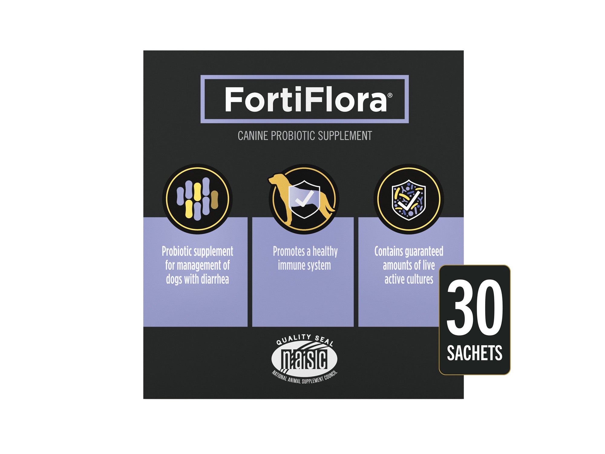 Box of FortiFlora canine probiotic supplement with 30 sachets for digestive health and immune system support in dogs