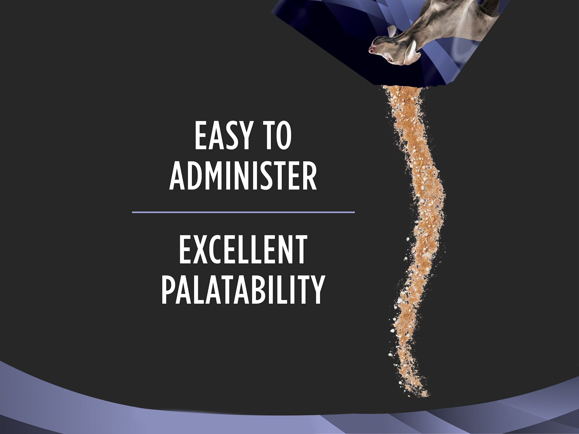 Purina Pro Plan FortiFlora probiotic supplement powder pouring from a container with text about easy administration and palatability