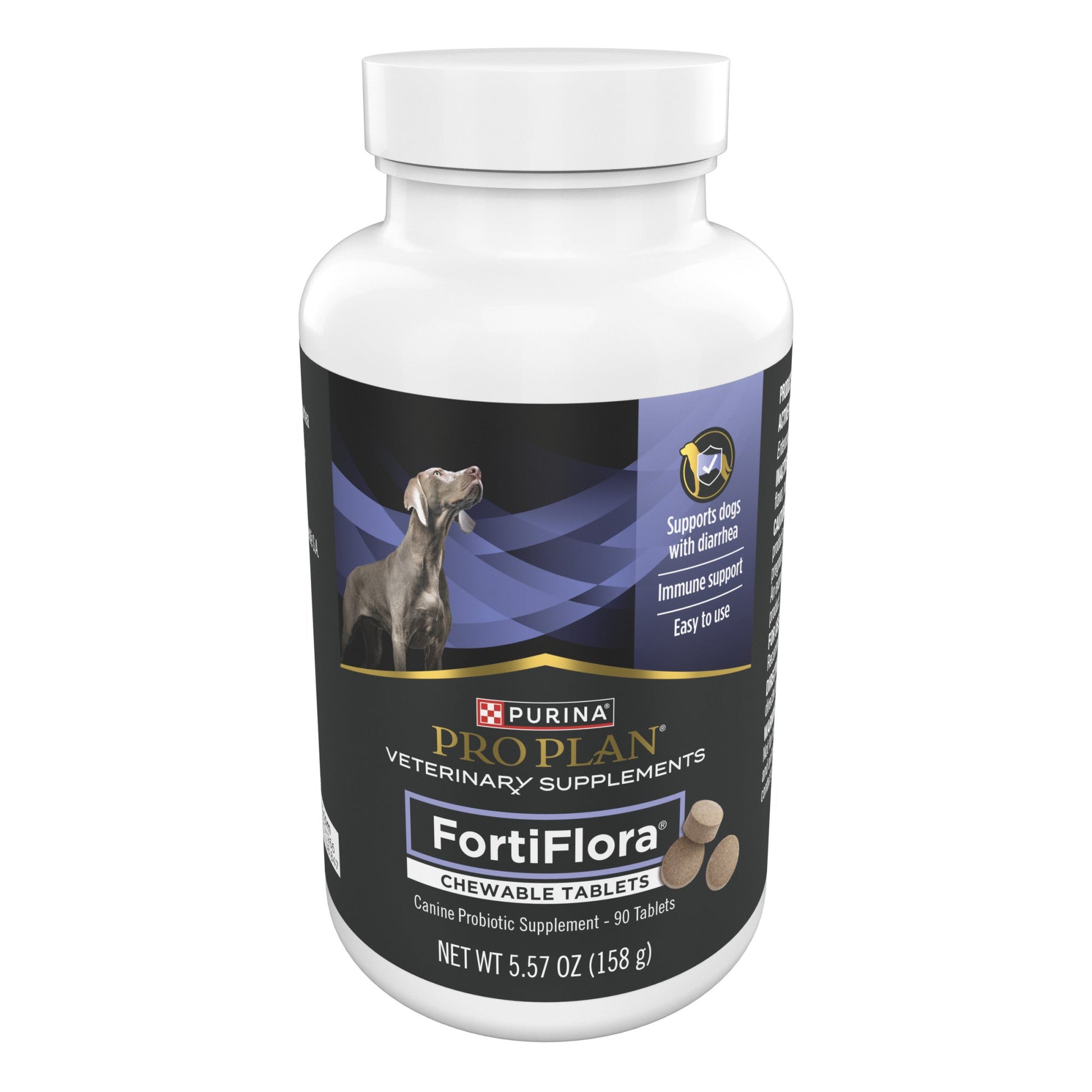Bottle of Purina Pro Plan FortiFlora chewable probiotic tablets for dogs supporting digestive and immune health, 90 count container
