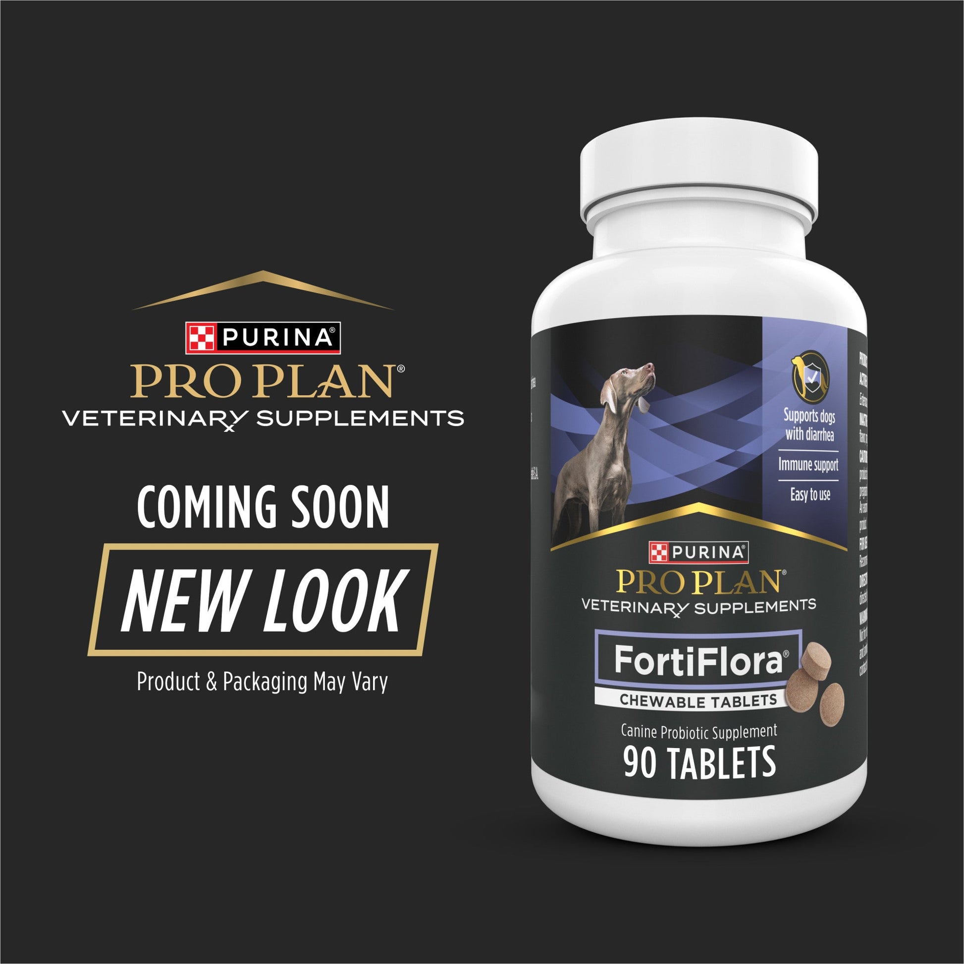 Bottle of Purina Pro Plan Veterinary Supplements FortiFlora chewable probiotic tablets for dogs with new packaging design coming soon