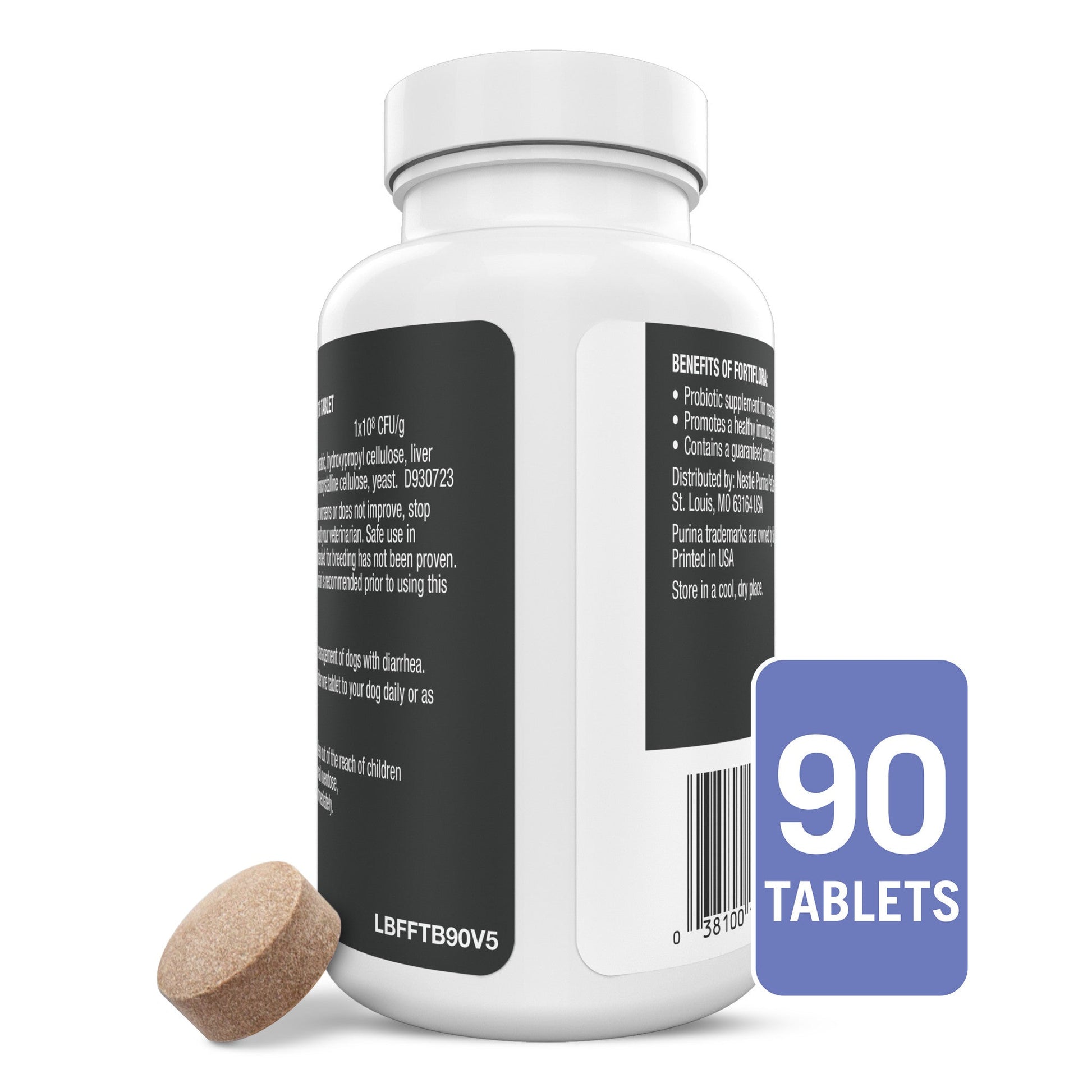 Bottle of FortiFlora chewable probiotic tablets for dogs with one tablet beside it, package contains 90 tablets