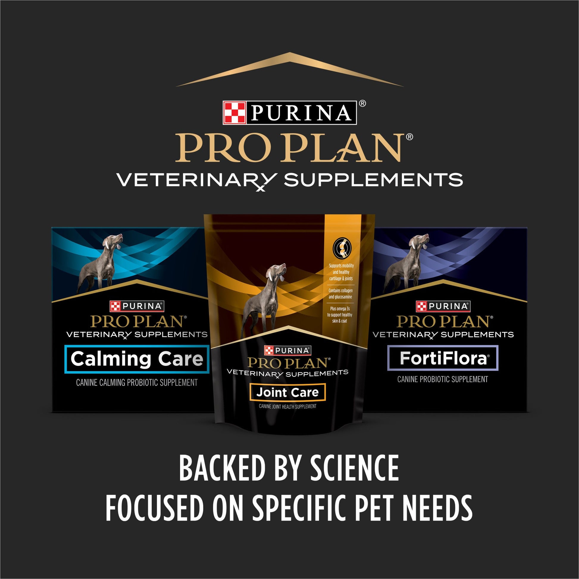 Purina Pro Plan Veterinary Supplements packaging for Calming Care, Joint Care, and FortiFlora probiotic for dogs displayed on black background.