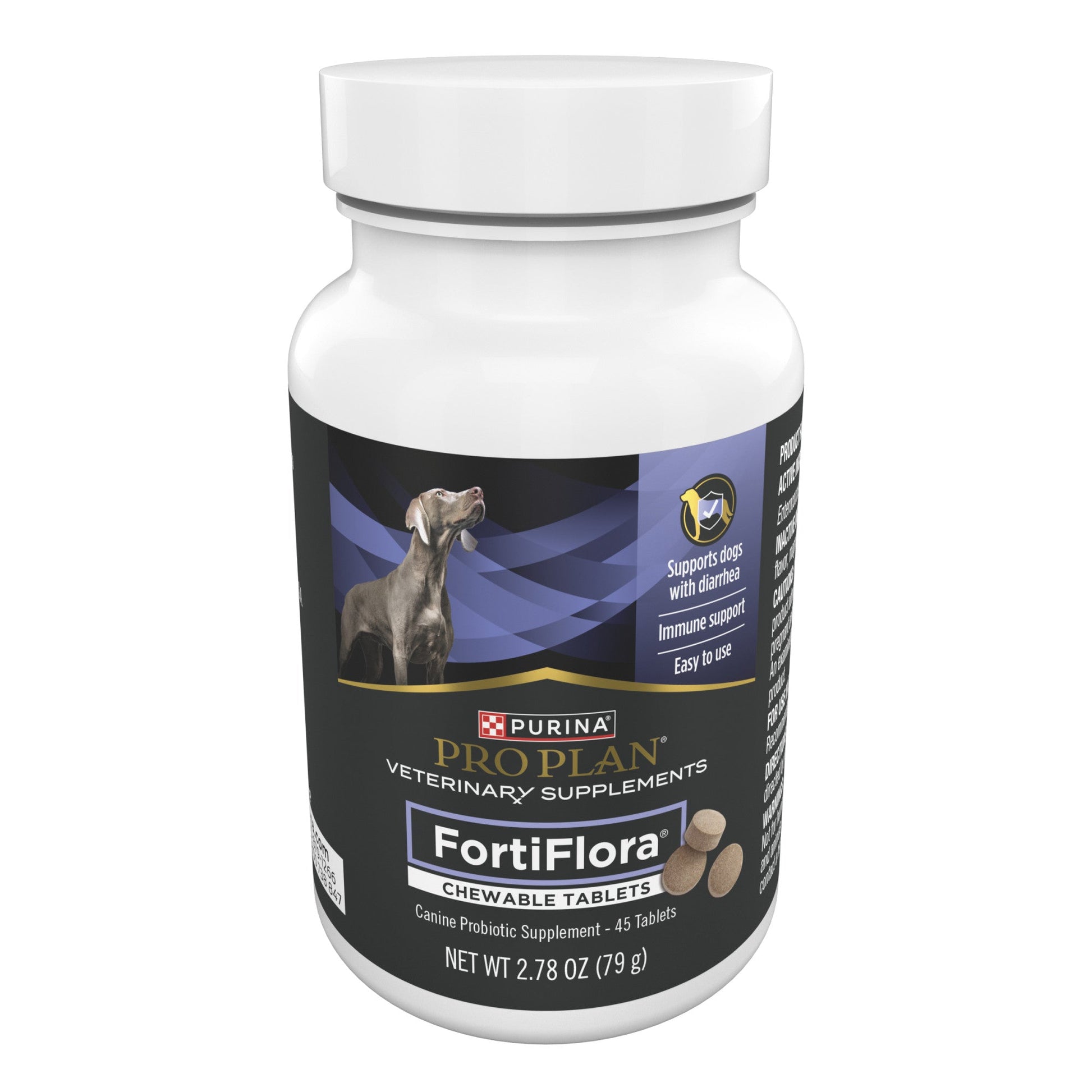 Purina Pro Plan Veterinary Supplements FortiFlora chewable probiotic tablets for dogs in a 45-count white container.