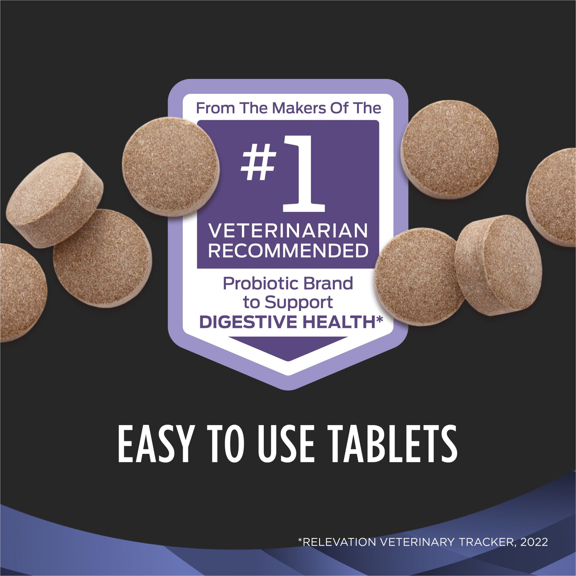 Chewable probiotic tablets for dogs supporting digestive health with veterinarian recommended formula in a clean design.