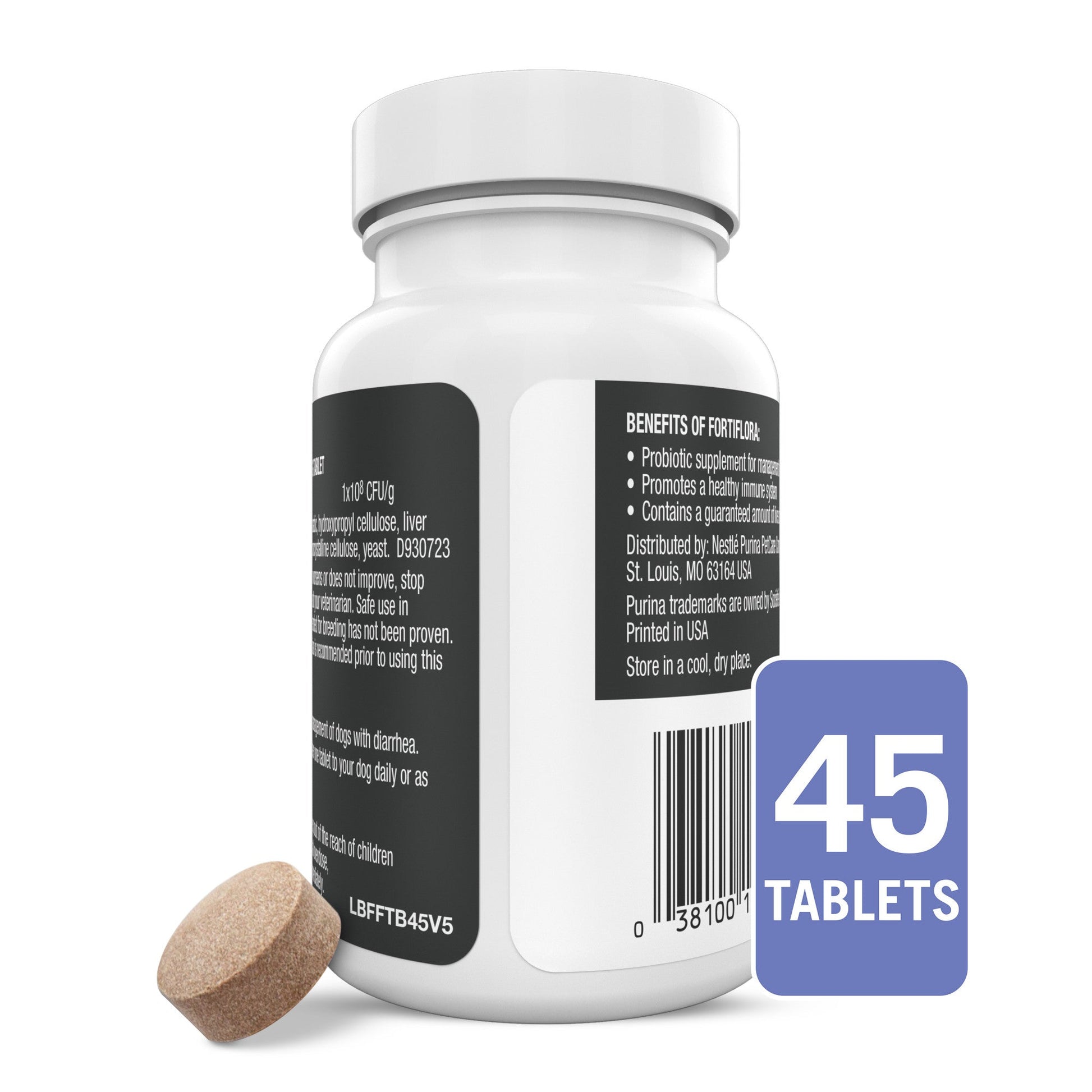 Bottle of Purina Pro Plan FortiFlora chewable dog probiotic supplement with one tablet beside it and 45 tablets label visible.