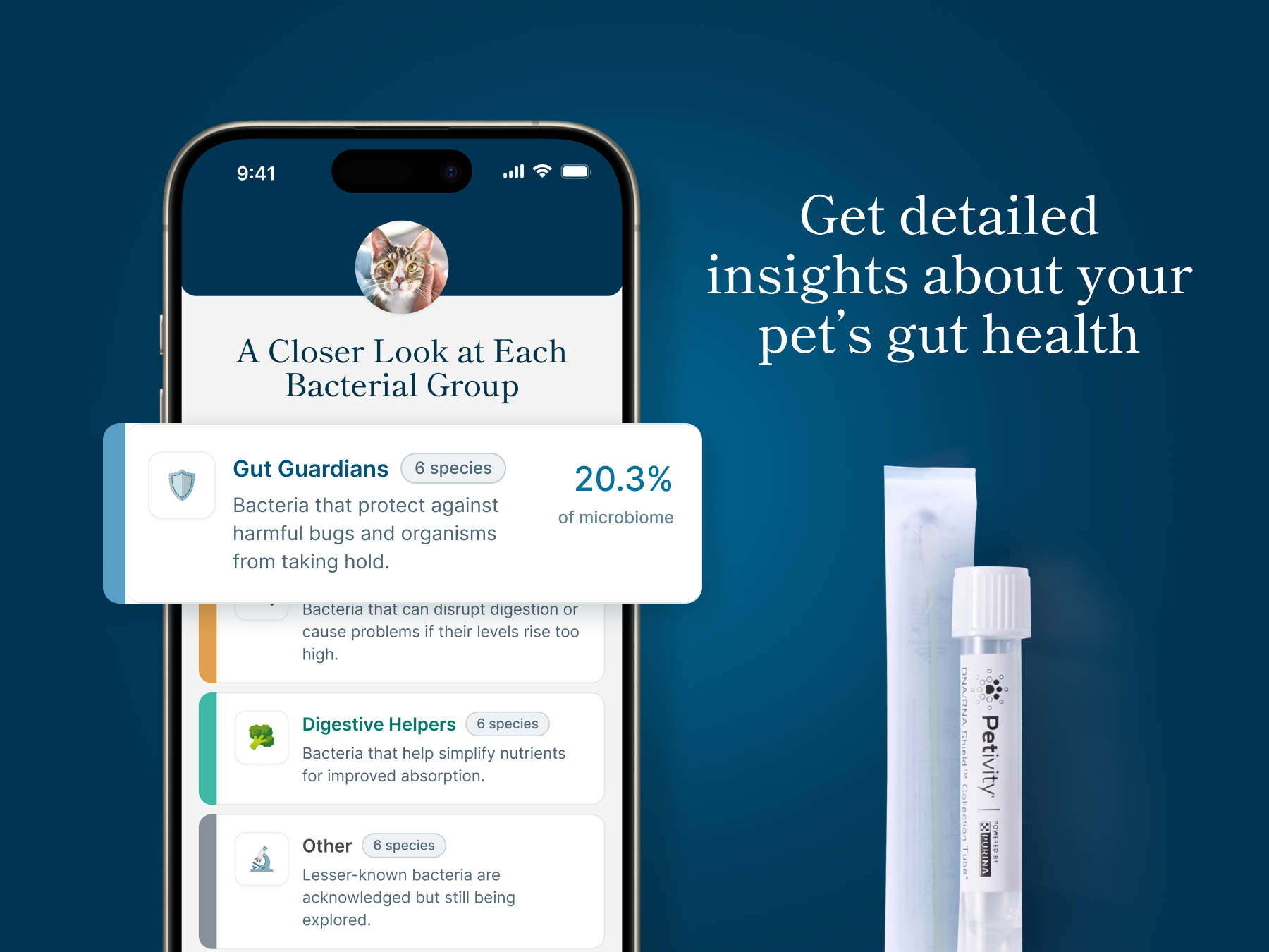 Petivity app displaying pet gut health app with test tubes