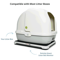 White covered cat litter box placed on Petivity smart litter box monitor compatible with most litter boxes