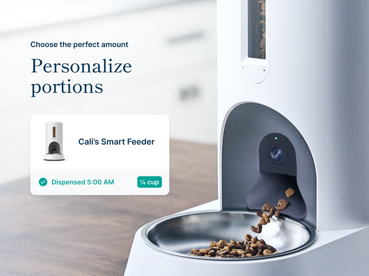 The Smart Feeder dispenses cat kibble into the stainless-steel bowl. Text reads, 'personalize portions.'