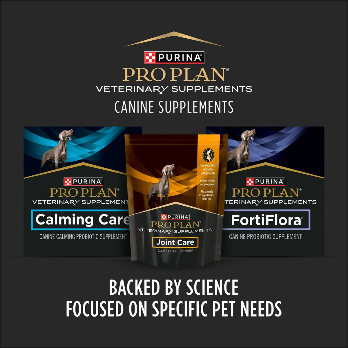 Purina Pro Plan Veterinary Supplements for small dogs featuring Joint Care, Calming Care, and FortiFlora options with science-backed formulas