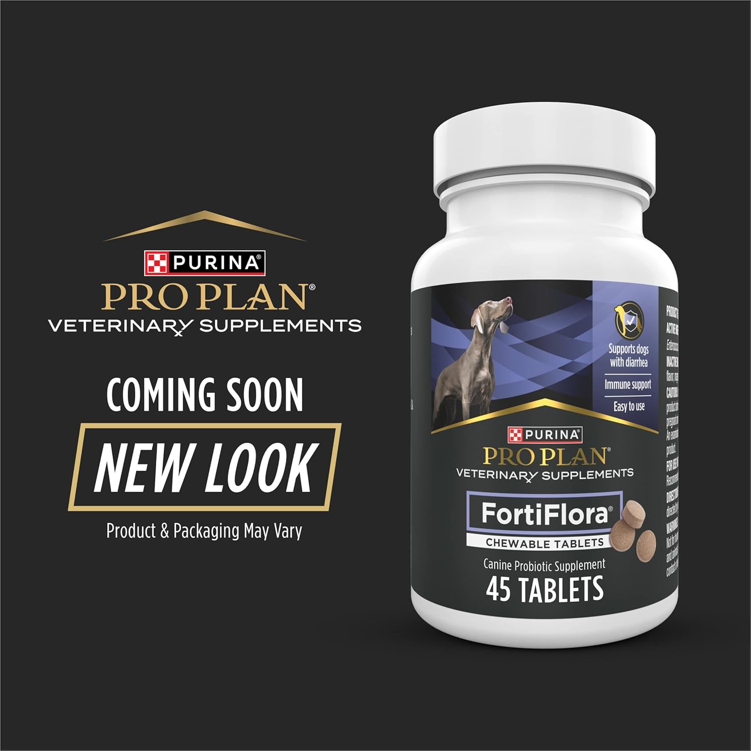 Purina Pro Plan FortiFlora chewable probiotic tablets for dogs, supporting digestive health and immunity, 45 count bottle with new packaging design.