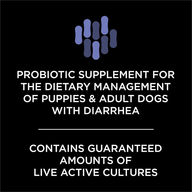 Text highlighting probiotic supplement for managing diarrhea in puppies and adult dogs with guaranteed live active cultures