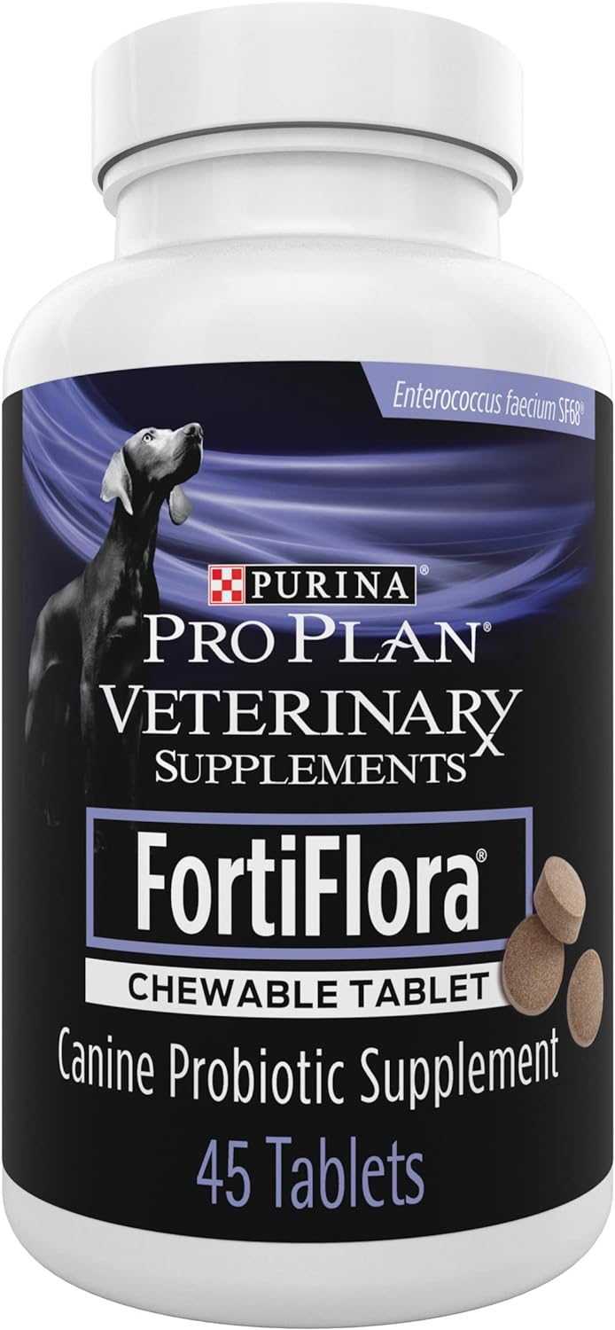 White bottle of Purina Pro Plan Veterinary Supplements FortiFlora chewable canine probiotic supplement with 45 tablets shown on label