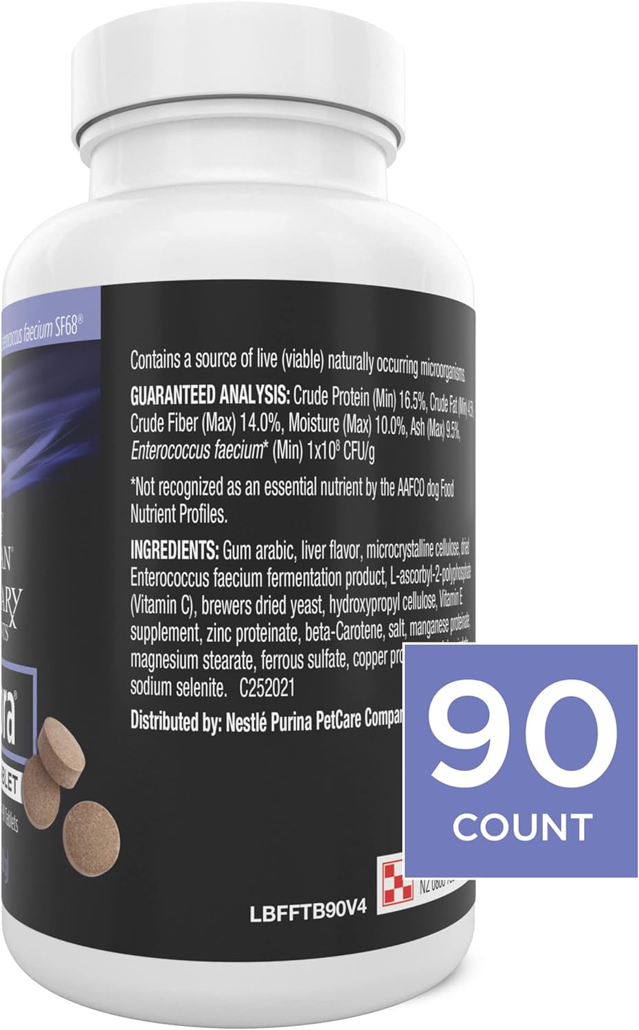 Bottle of FortiFlora chewable probiotic tablets for dogs supporting digestive health, with 90 count canister shown.