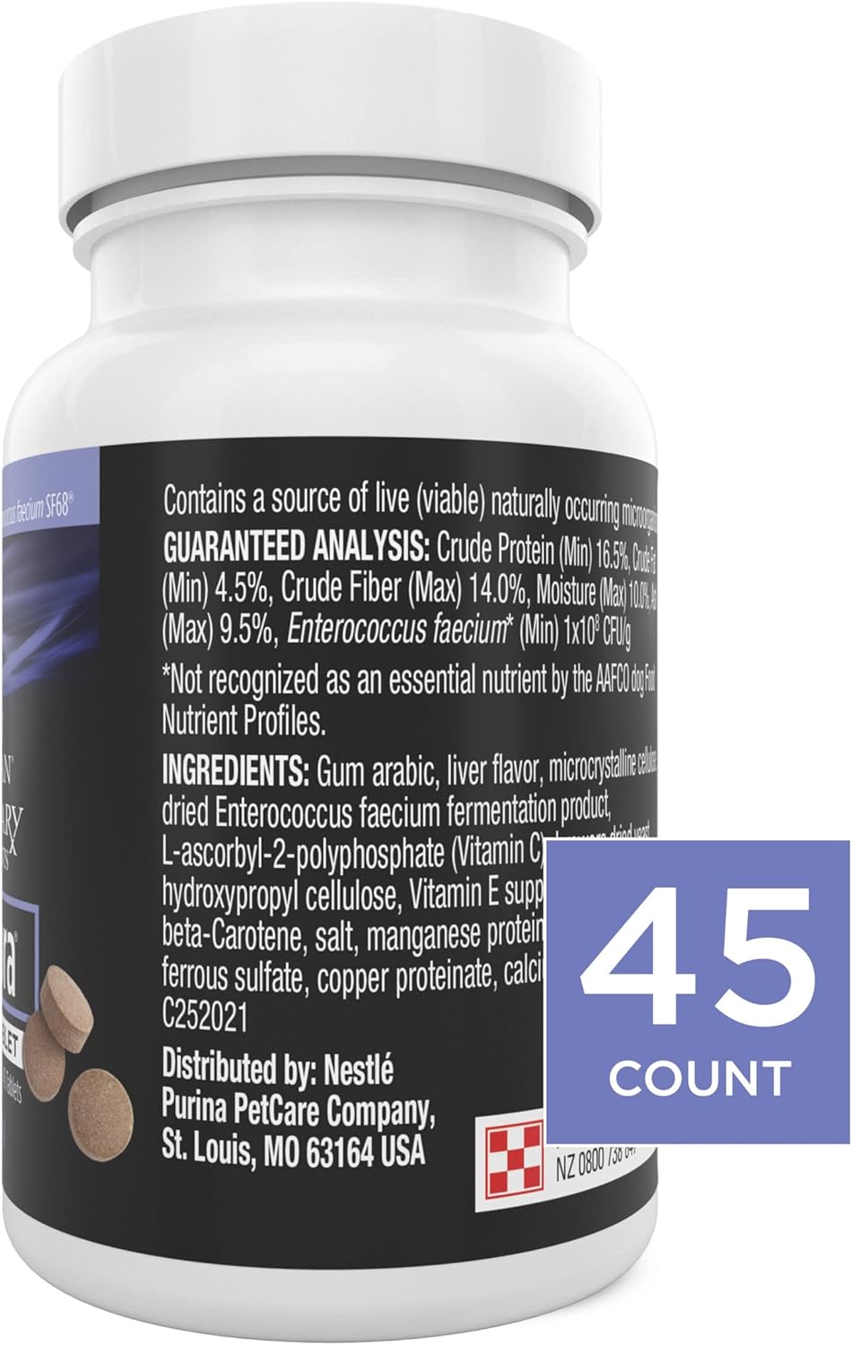 Bottle of Purina Pro Plan Veterinary Supplements FortiFlora chewable probiotic tablets for dogs with 45 count label on front