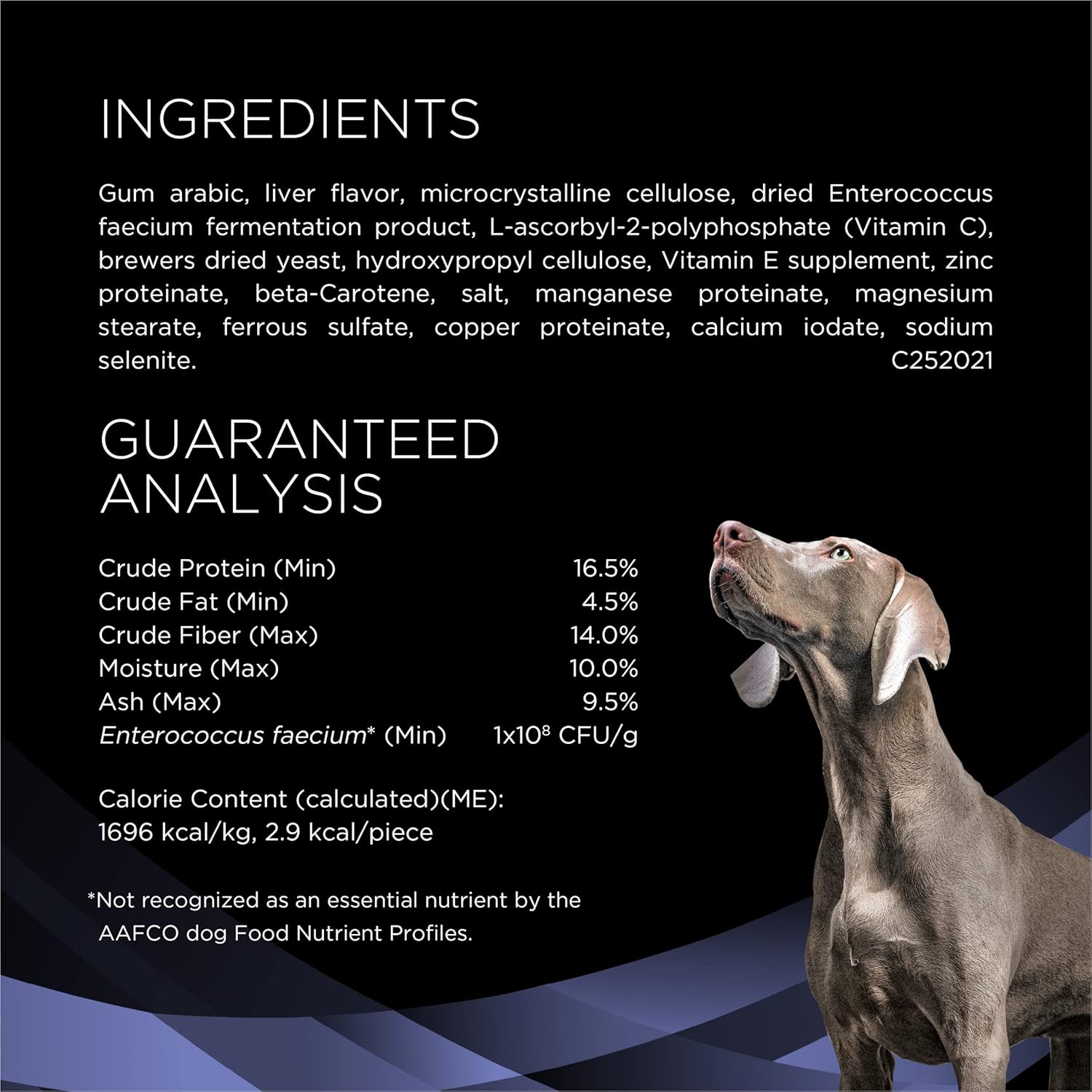 Ingredients and nutritional analysis of FortiFlora chewable probiotic supplement for dogs with a photo of a dog on black background