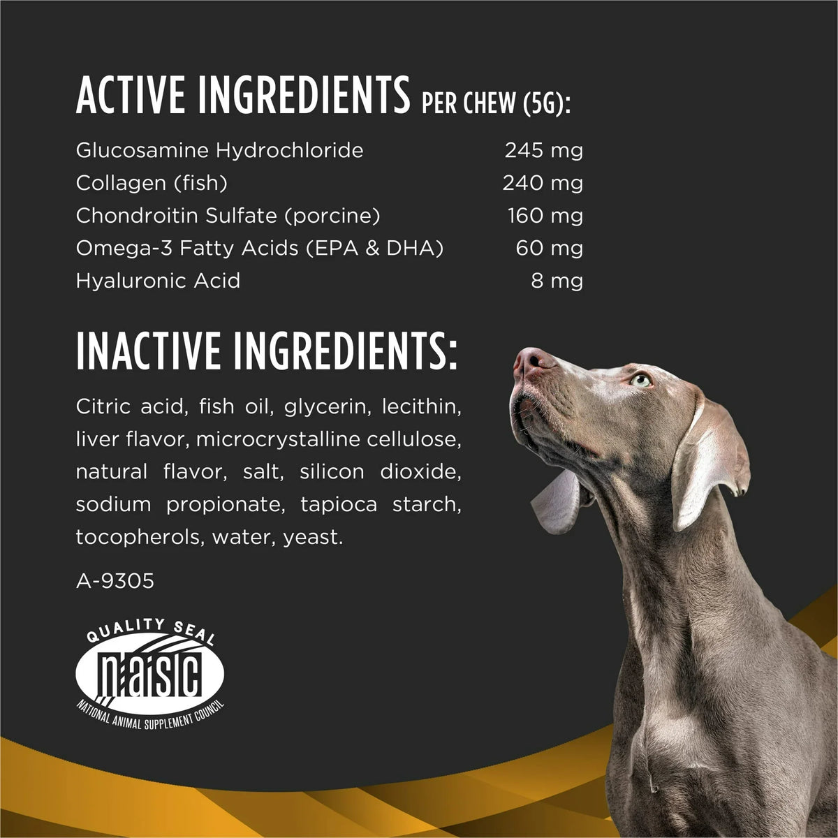 List of active and inactive ingredients for joint care supplement with image of large brown dog looking upward