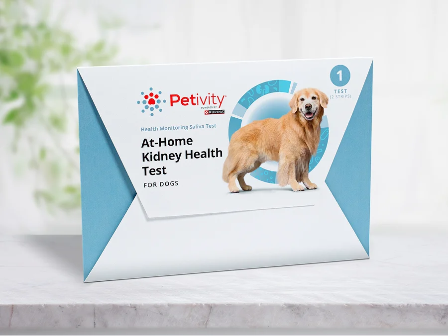 Petivity At-Home Kidney Health Test kit for dogs featuring a golden retriever on the packaging for easy health monitoring at home.