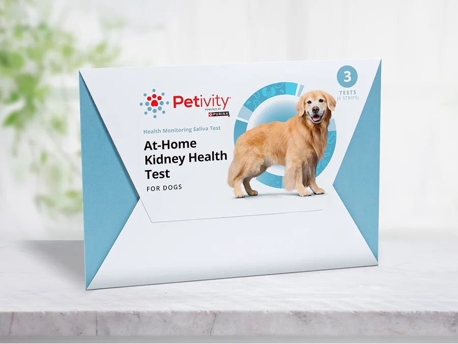 Petivity At-Home Kidney Health Test for dogs with three tests included, featuring a golden retriever on the packaging.