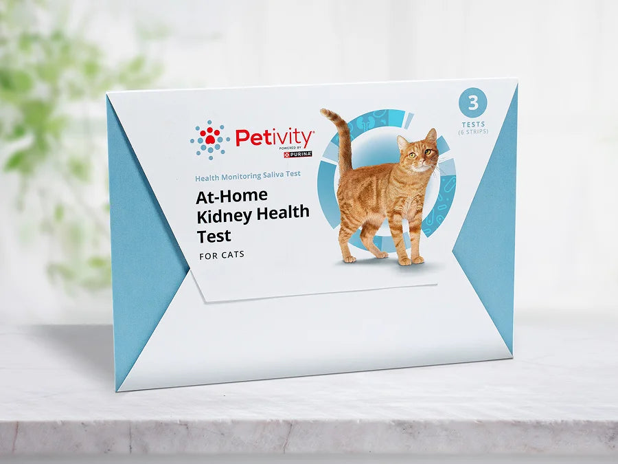 Petivity At-Home Kidney Health Test packaging showing a cat and highlighting three test strips for monitoring cat kidney health.