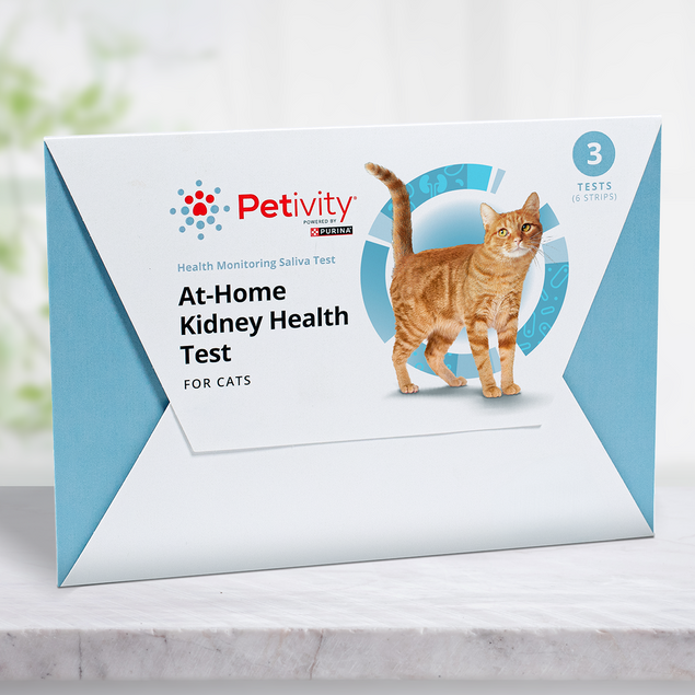 Petivity At-Home Kidney Health Test kit for cats with packaging showing a cat and indication of 3 tests included.