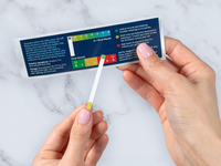 Hands holding a Petivity at-home kidney health test strip for cats with color chart for monitoring urea levels.