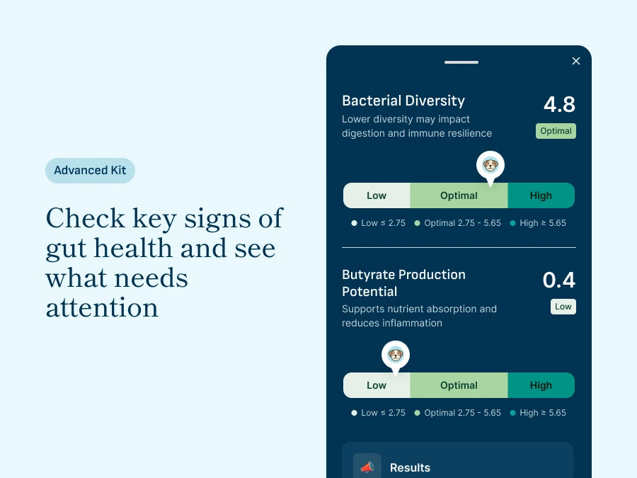 Microbiome Analysis Kit screen showing bacterial diversity and butyrate production potential indicators for gut health monitoring.