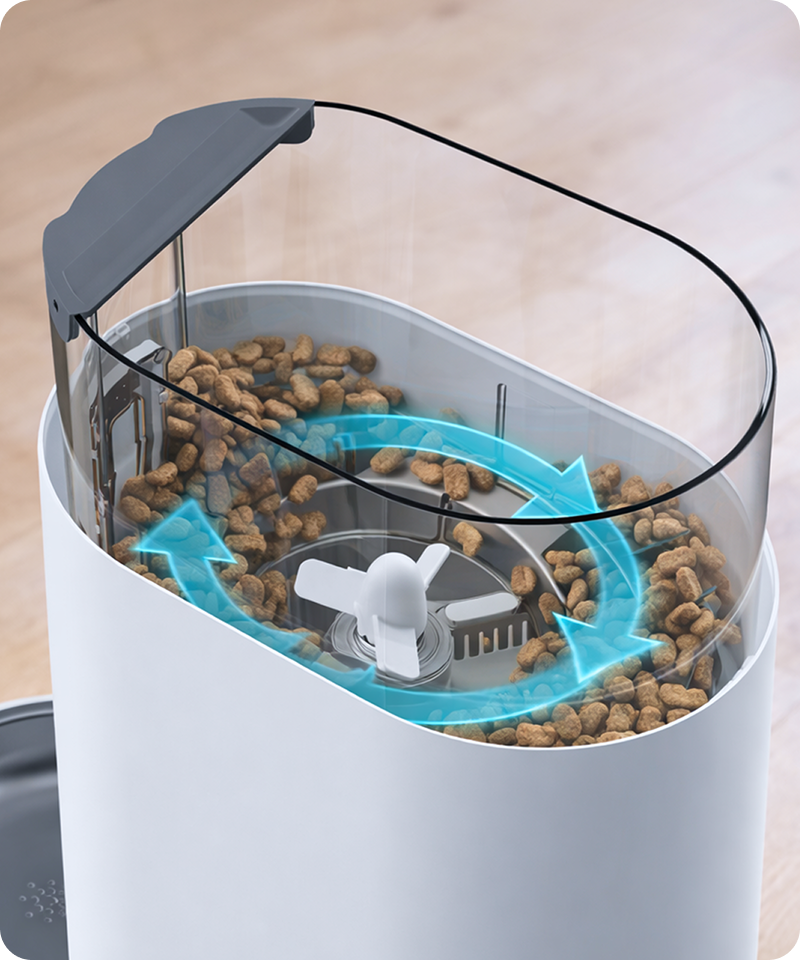 Arrows show how cat kibble moves in a circular motion inside the Feeder.