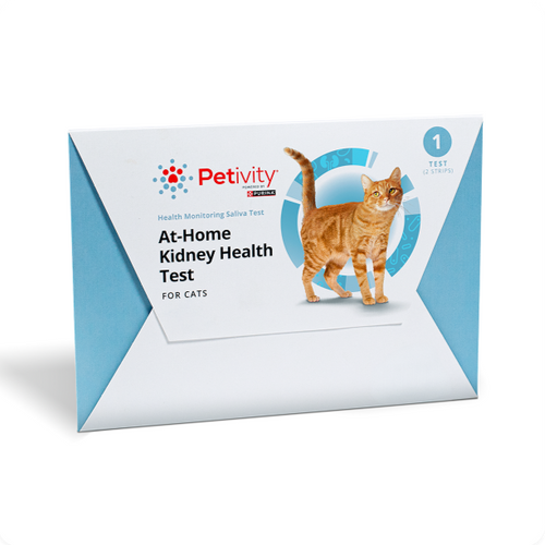 Petivity At-Home Kidney Health Test for Cats – Light blue and white envelope-style package with an image of an orange tabby cat.