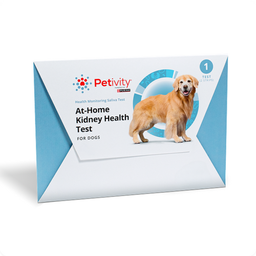 Petivity At-Home Kidney Health Test for Dogs – Light blue and white envelope-style package with an image of a golden retriever.