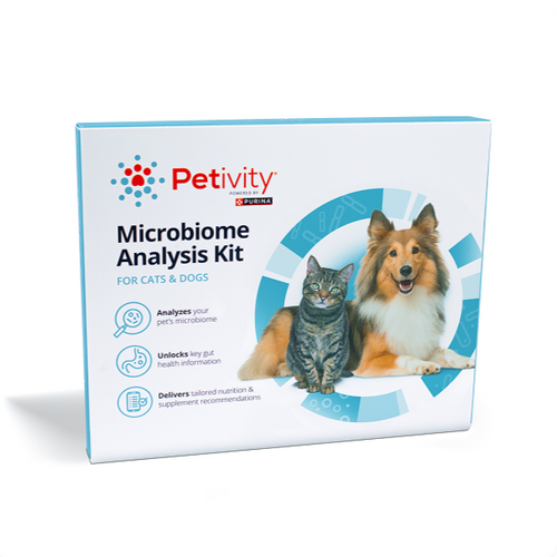 Petivity Microbiome Analysis Kit for Dogs & Cats – Product box featuring a cat and a dog on the front, with icons indicating analysis of the pet’s microbiome, unlocking gut health information, and delivering tailored nutrition recommendations.