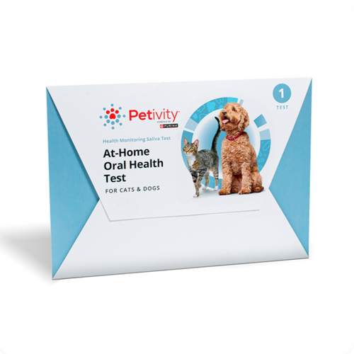 Petivity At-Home Oral Health Test for Dogs & Cats – Light blue and white envelope-style package with an image of a cat and a curly-haired brown dog.