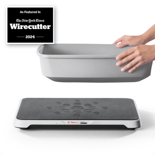 Smart Litter Box Monitor for Cats – Gray rectangular monitor platform with a black textured top, shown under a gray litter box being lifted by hands.