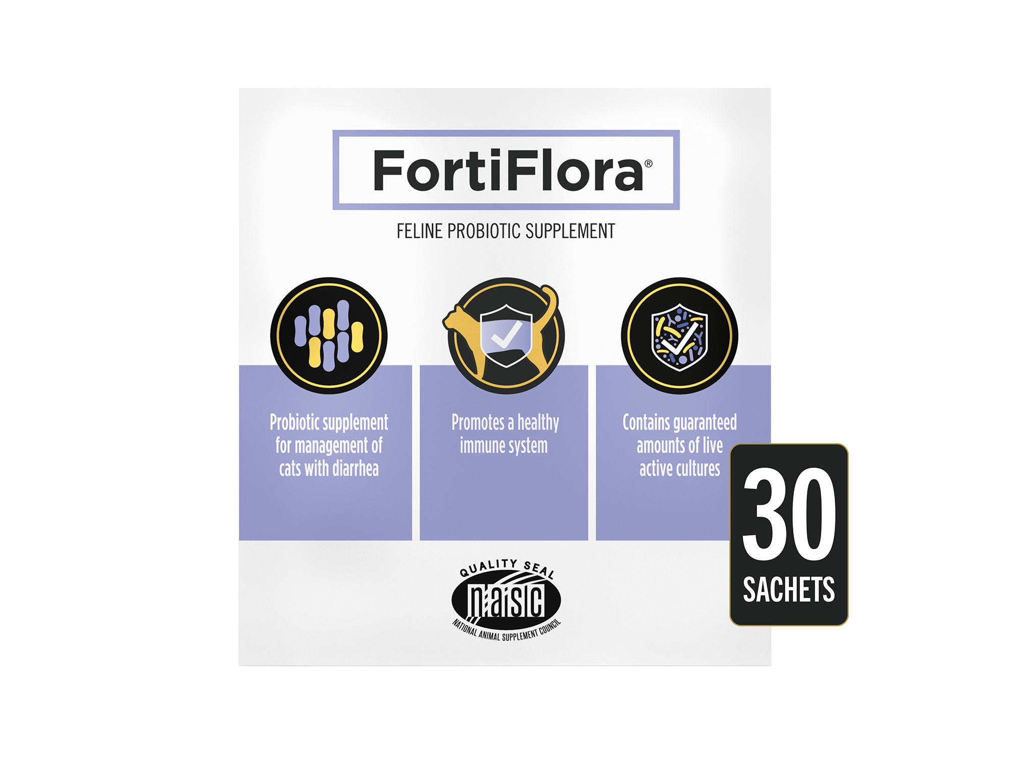 Purina FortiFlora cat probiotic supplement for diarrhea support with immune system benefits in a 30 sachet box