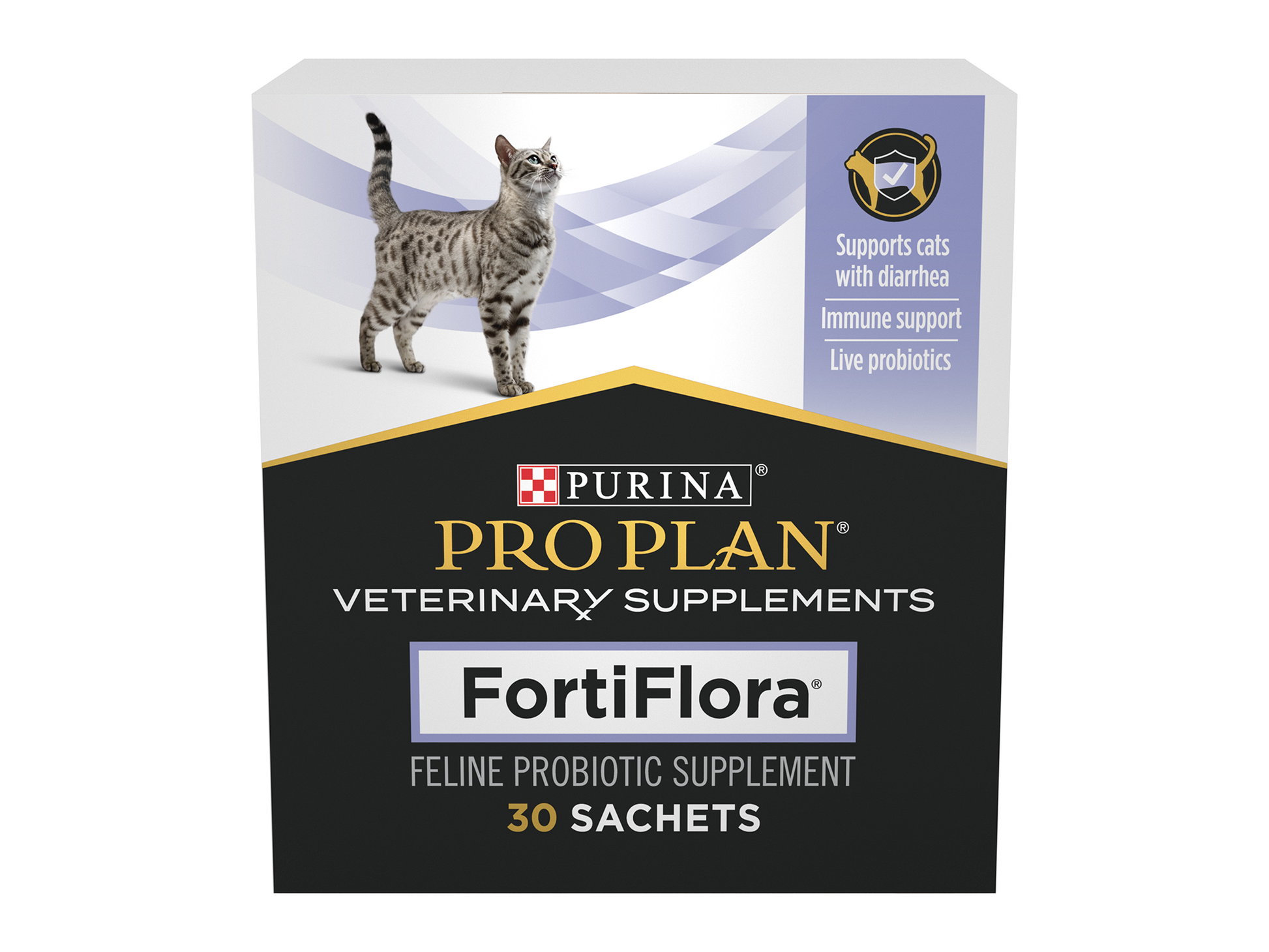 Box of Purina Pro Plan Veterinary Supplements FortiFlora feline probiotic supplement with 30 sachets for cat digestive and immune health support.