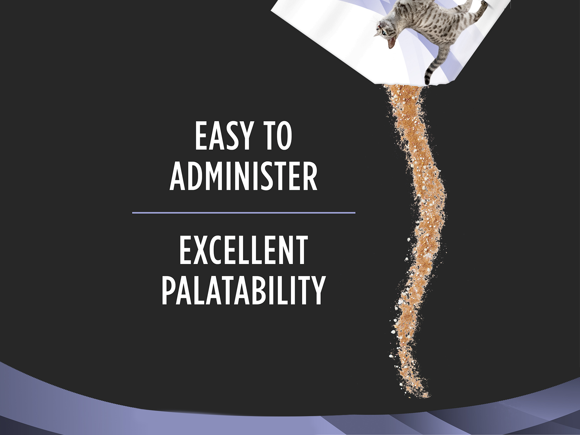 Cat probiotic supplement powder pouring from a packet with text highlighting easy administration and excellent palatability